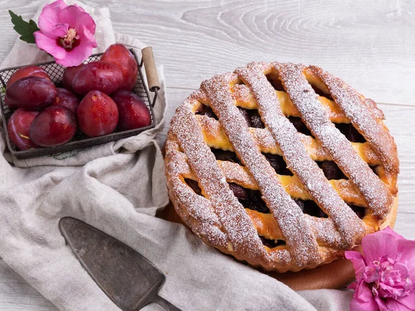Yummy Delicious Homemade Pie Cake Plum Close — Stock Photo, Image