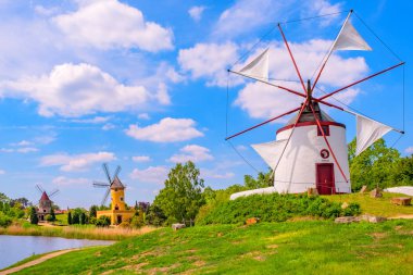 Colorful windmill in Gifhorn of the lake in summer clipart