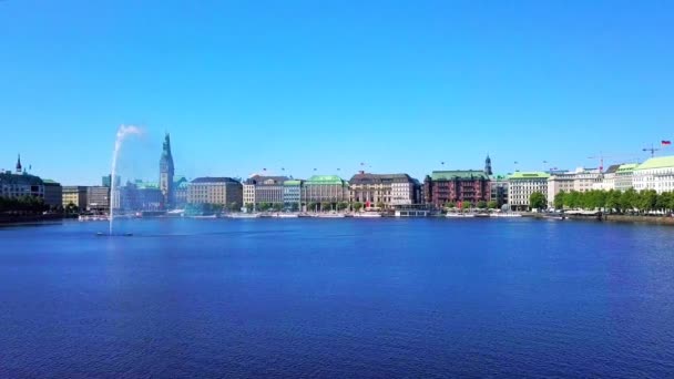 Hamburg aerial view at daylight drone flying low over alster lake. — Stock Video