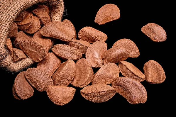 Paranuts Bag Vegetarian Food Wooden Bowls Black Background — Stock Photo, Image