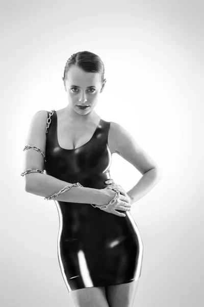 Studio Black White Image Young Woman Wearing Latex — Stock Photo, Image