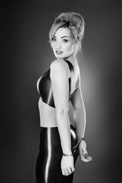 Studio Black White Image Young Woman Wearing Latex — Stock Photo, Image