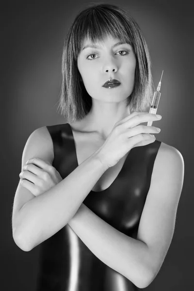 Studio Μαύρο Και Άσπρο Εικόνας Νεαρής Γυναίκας Που Φορώντας Latex — Φωτογραφία Αρχείου