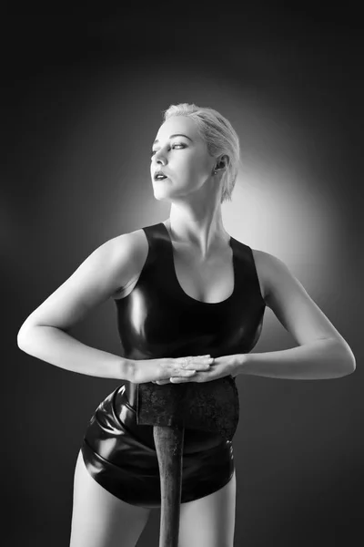 Studio Black White Image Young Woman Wearing Latex — Stock Photo, Image