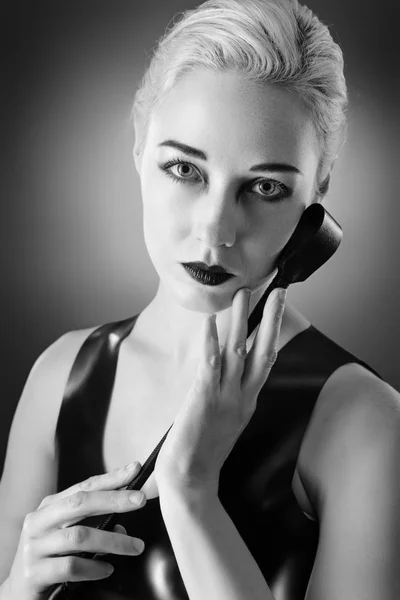 Studio Black White Image Young Woman Wearing Latex — Stock Photo, Image