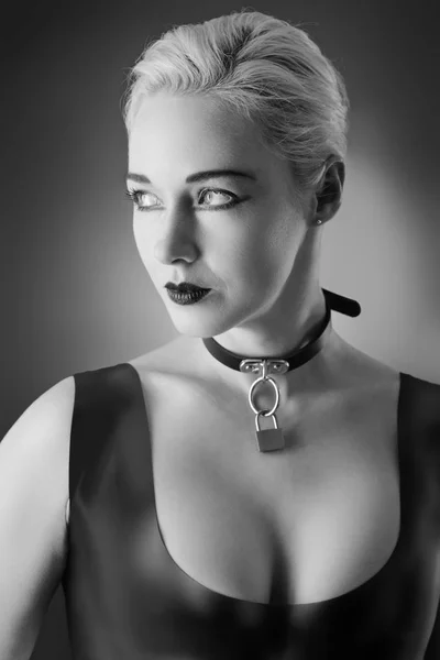 Studio Black White Image Young Woman Wearing Latex — Stock Photo, Image