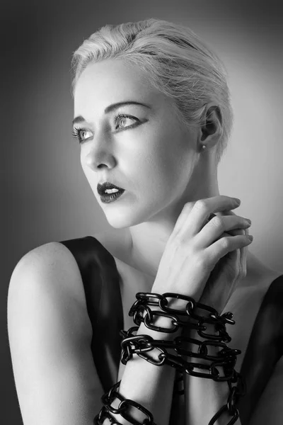 Studio Black White Image Young Woman Wearing Latex — Stock Photo, Image