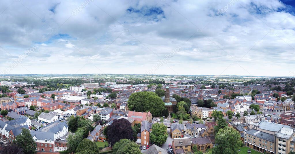 panoramic aerial view of historic market town of the city center of Banbury in Oxfordshire england