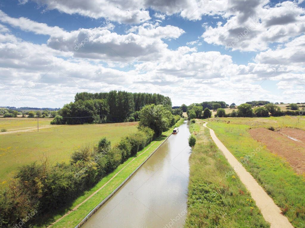aerial view of a water way in the landscape going into the town of banbury in oxfordshire england