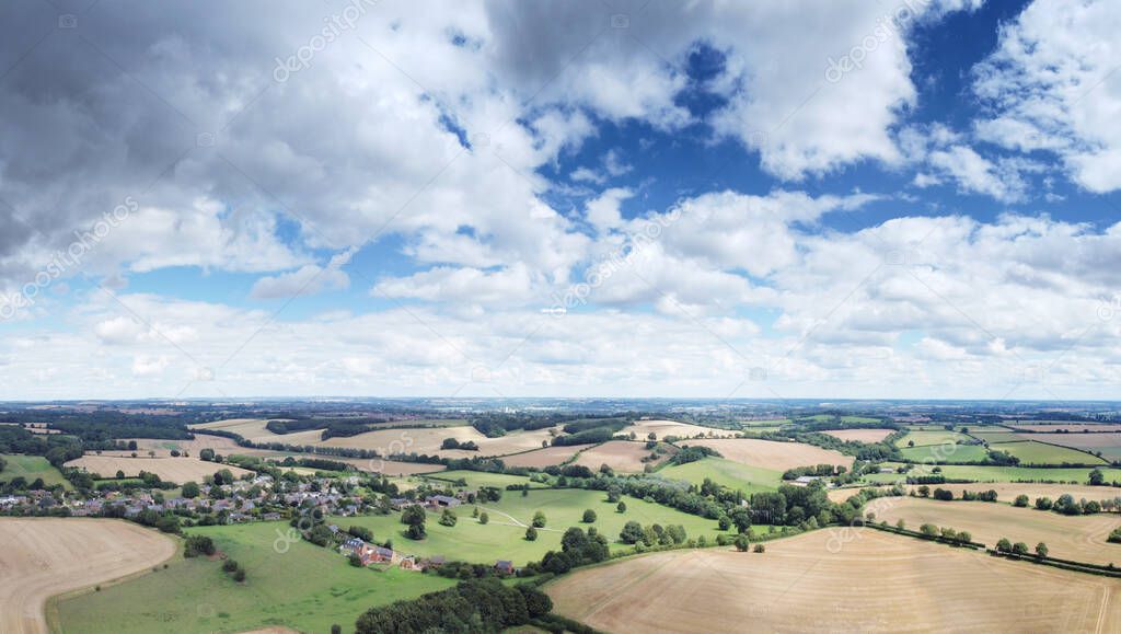 Panoramic aerial view of farmland in the oxfordshire countryside in england