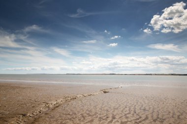 Essex 'teki Canvey Adası' ndan nehre bakan çamurlu bir sahilin deniz manzarası.