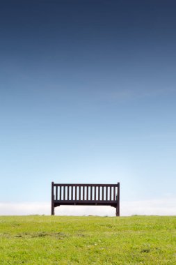 Mavi gökyüzüne karşı çimlerin üzerinde tek bir bank 