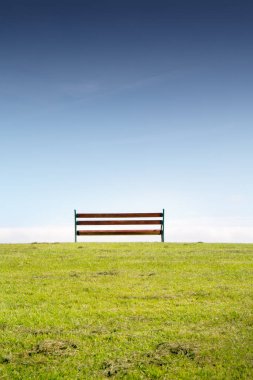 Mavi gökyüzüne karşı çimlerin üzerinde tek bir bank 
