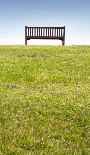 Одинокая Скамейка Траве Против Голубого Неба — стоковое фото