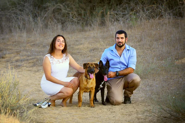 Young Couple Two Dogs — Stock Photo, Image