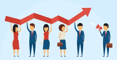 İş kavramı. Basit bir tarzda. Yöneticisi elinde megafon ile bir takım işadamlarından yönlendirir. Mavi arka plan üzerinde düz tarzında.