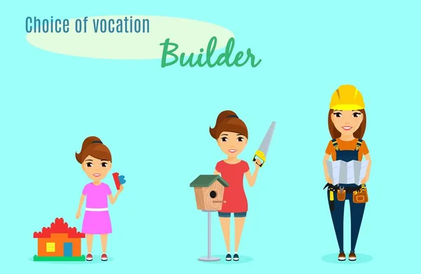 Volba Povolání Profesi Builder Holčička Dětství Vybral Profesi Builder Holčička — Stockový vektor