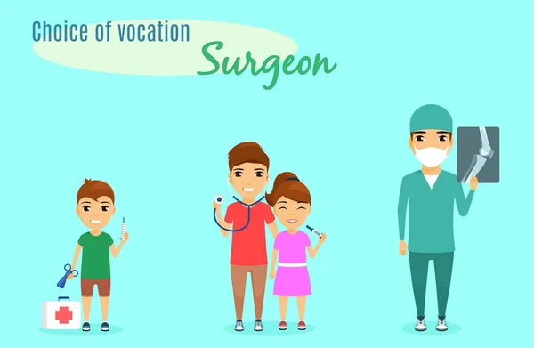 Choice of vocation. Profession surgeon. The little boy chose the profession of a surgeon from childhood. A little boy with a baby doctor set. The boy plays doctor. The man is a professional surgeon. In flat style on blue background. Cartoon.