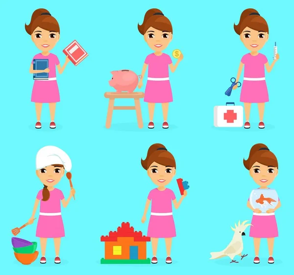 Hobbys Eines Kleinen Mädchens Liest Kocht Spielt Mit Tieren Charakter — Stockvektor