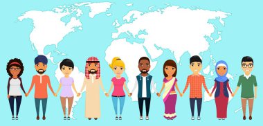 Young people of different nationalities on the background of the world map. Holding each other's hands. Asian, Latin American, African, European, Indian, Arab. Flat style. Cartoon clipart