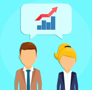 İş kavramı. Bir adam ve bir kız iş takım elbiseli. Konuşma balonu büyüme grafik ile. Mavi arka plan üzerinde düz tarzında. Çizgi film.