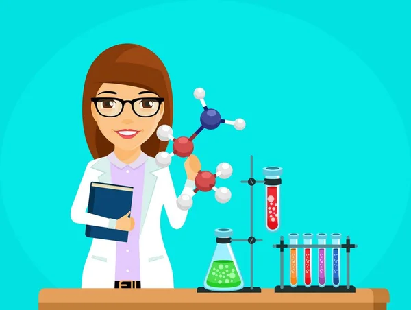 Concepto Del Científico Científica Mesa Llevando Cabo Experimento Estilo Plano — Archivo Imágenes Vectoriales