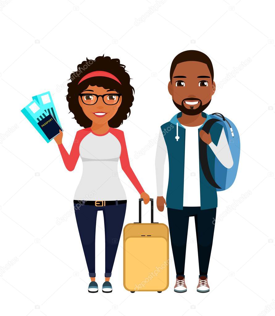 A young African-American couple goes on a trip. Girl holding tickets, a guy with a backpack on his shoulder. In flat style on white background. Cartoon.