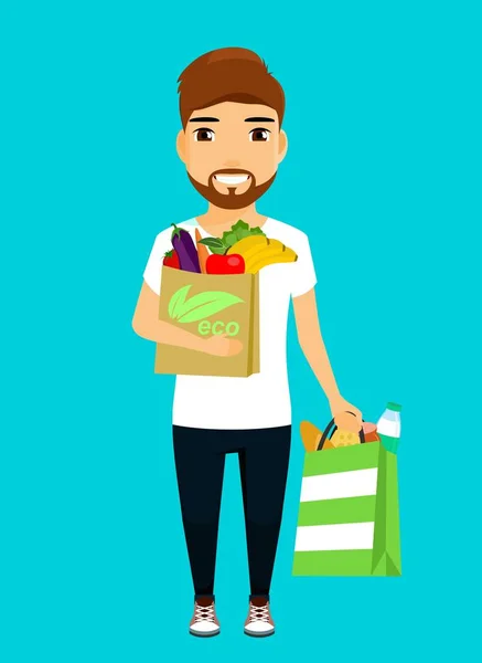 Jeune Homme Apparence Européenne Tient Debout Avec Des Paquets Nourriture — Image vectorielle
