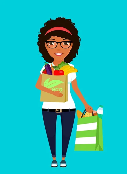 Молодая Афроамериканка Стоящая Пакетами Еды Экологически Чистый Продукт Покупки Супермаркете — стоковый вектор