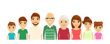 Büyük bir dost aile bel tasvir edilir. Dikey stil. Büyükanne ve büyükbaba, anne ve baba, kardeşler ve kız kardeşi. Beyaz arka plan üzerinde düz tarzında. Çizgi film.