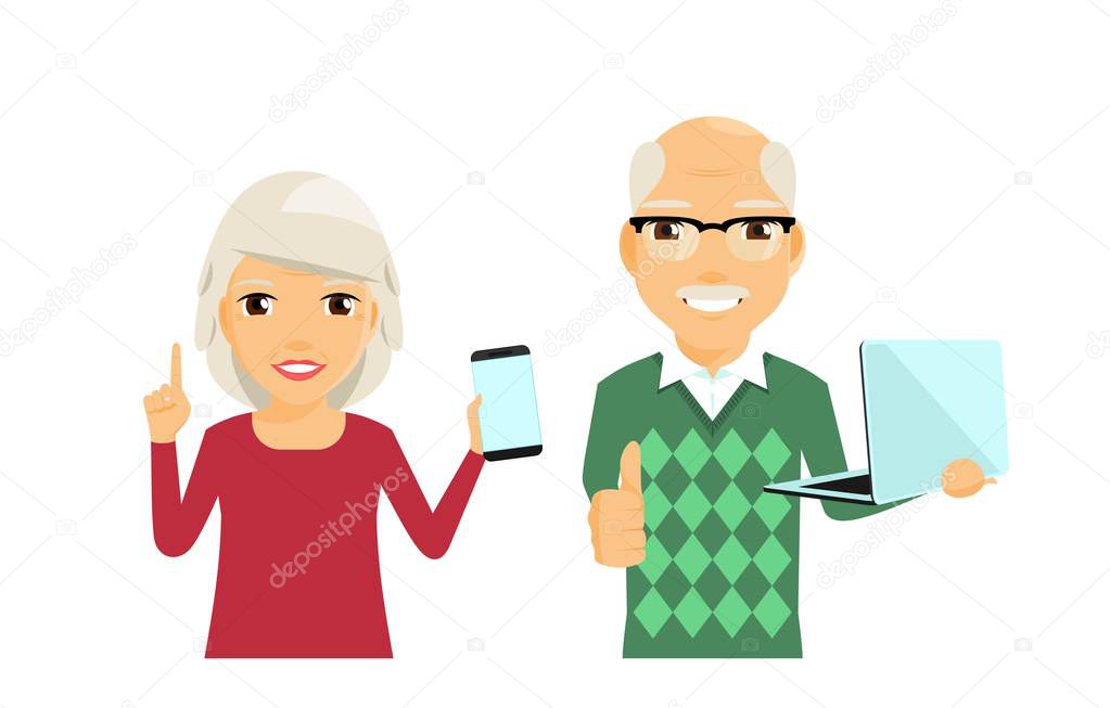 Elderly man and woman with gadgets in their hands. An elderly man with a laptop. An elderly woman with a phone. Retirement age. In flat style on white background. Cartoon.