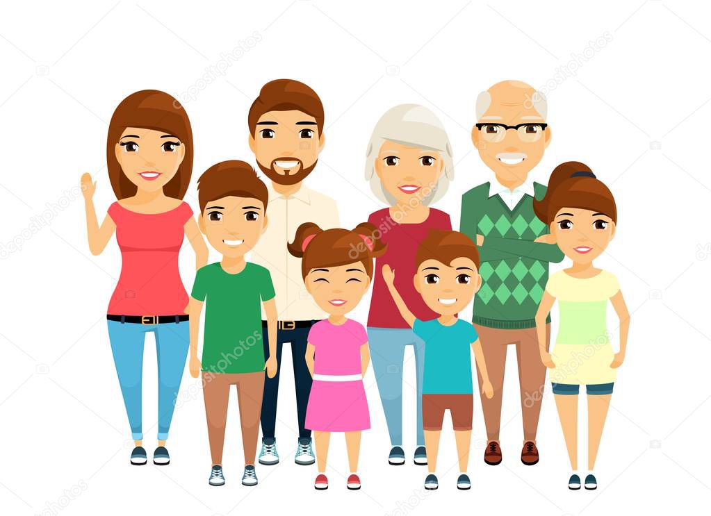 Big happy family. Are worth in different poses. All family members smile. Grandmother, grandfather, mother, father, brothers and sisters. In flat style on white background. Cartoon.