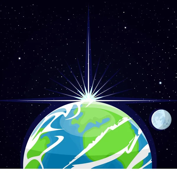 Image Planet Earth Sun Rays Illuminate Planet Earth Moon Flat — Stock Vector