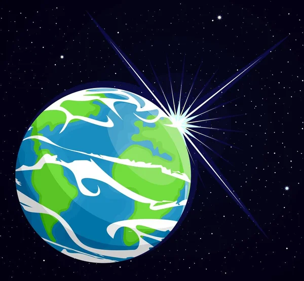 Изображение Планеты Земля Луч Солнца Против Планеты Земля Плоский Стиль — стоковый вектор