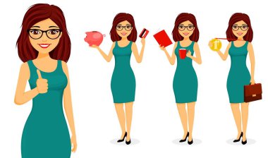 Ayarlamak. İş konsepti. Genç bir işadamı kız bir kumbara, kredi kartı, Kupa, madalya ile duruyor. Ofis işi. İş ve Finans. Beyaz arka planda düz stil. Karikatür.