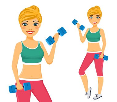 Dambıllı atletik yapılı bir kız. Spor ve fitness. Sağlıklı yaşam tarzı. Beyaz arka planda düz stil. Karikatür