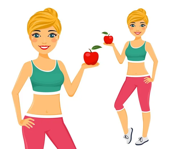 Girl Sporty Physique Apple Her Hand Healthy Food Healthy Lifestyle — Stock Vector