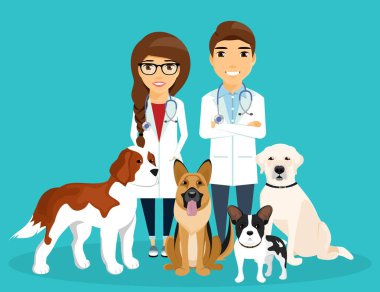 Kız ve erkek veterinerler, köpeklerin yanında. Hayvanların bakımı ve sağlığı. Önlüklü ve steteskoplu bir doktor. Mavi arka planda düz stil. Karikatür.