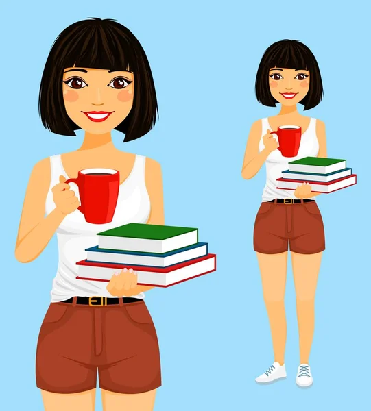 Młoda Atrakcyjna Dziewczyna Trzyma Książkę Filiżankę Kawy Czytanie Książek Pełnym — Wektor stockowy