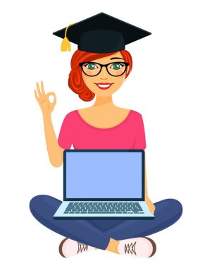 Genç bir kız internette eğitim almış. İnternet üzerinden iş, eğitim ve eğlence. Kızıl saçlı kız. Beyaz arka planda düz stil. Karikatür.