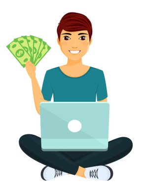 Elinde bir paket banknot tutan genç bir adam. İnternetten kazanç. İnternet üzerinden iş, eğitim ve eğlence. Adam kucağında bir dizüstü bilgisayarla oturuyor. Beyaz arka planda düz stil. Karikatür.