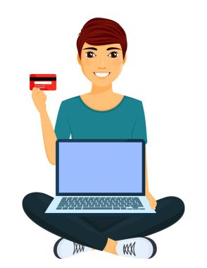 Genç bir adamın elinde bir kredi kartı var. Uzlaşmayı takas etmek. İnternet üzerinden iş, eğitim ve eğlence. Adam kucağında bir dizüstü bilgisayarla oturuyor. Beyaz arka planda düz stil. Karikatür.