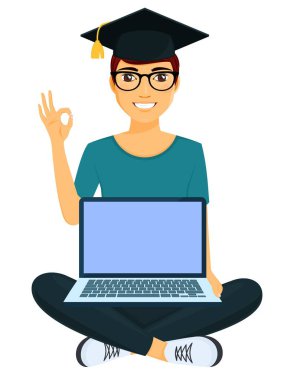 Genç bir adam internette eğitim almış. İnternet üzerinden iş, eğitim ve eğlence. Adam kucağında bir dizüstü bilgisayarla oturuyor. Beyaz arka planda düz stil. Karikatür.