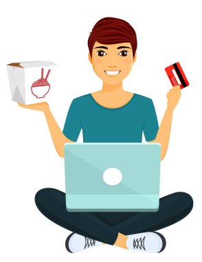 Genç bir adam internetten suşi sipariş etti. İnternet üzerinden iş, eğitim ve eğlence. Adam kucağında bir dizüstü bilgisayarla oturuyor. Beyaz arka planda düz stil. Karikatür.