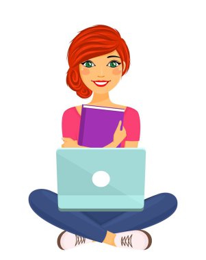 Genç kız bir kitaba sarılarak oturuyor. İnternet üzerinden iş, eğitim ve eğlence. Kızıl saçlı kız. Beyaz arka planda düz stil. Karikatür.
