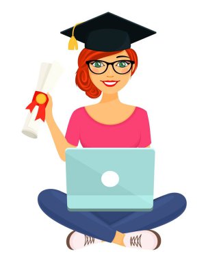 Elinde diploması olan genç kız. İnternet üzerinden iş, eğitim ve eğlence. Kızıl saçlı kız. Beyaz arka planda düz stil. Karikatür.