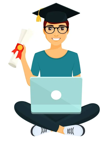 Young Guy Sitting Diploma His Hand Work Education Entertainment Internet — Stock Vector