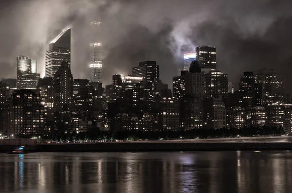 Skyline Manhattan Notte Con Riflessi Grattacieli New York Usa — Foto Stock