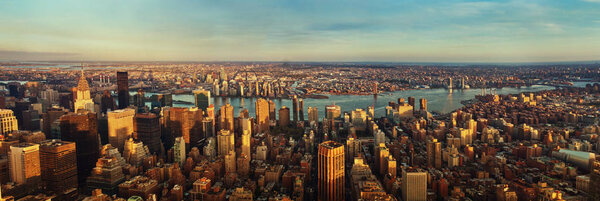 Beautiful panorama of New York City at sunset. Top view.