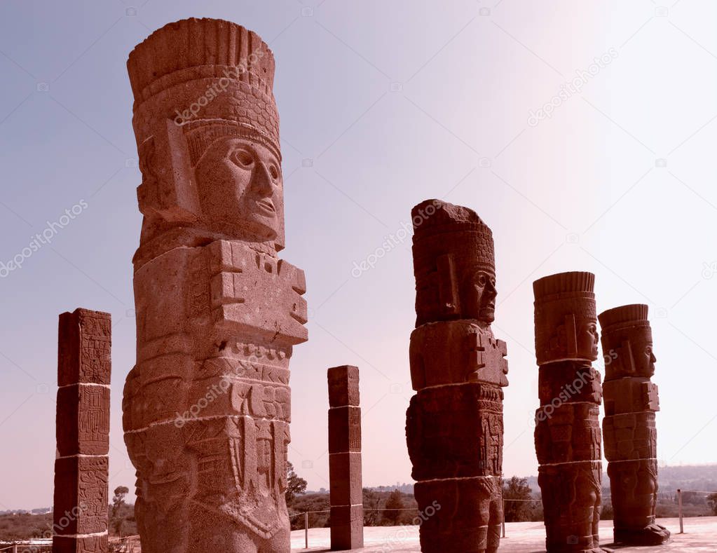 Toltec Warriors columns on Pyramid of Quetzalcoatl (Morning Star) in Tula - Mesoamerican archaeological site, Mexico
